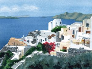 Fira On Santorini Watercolor