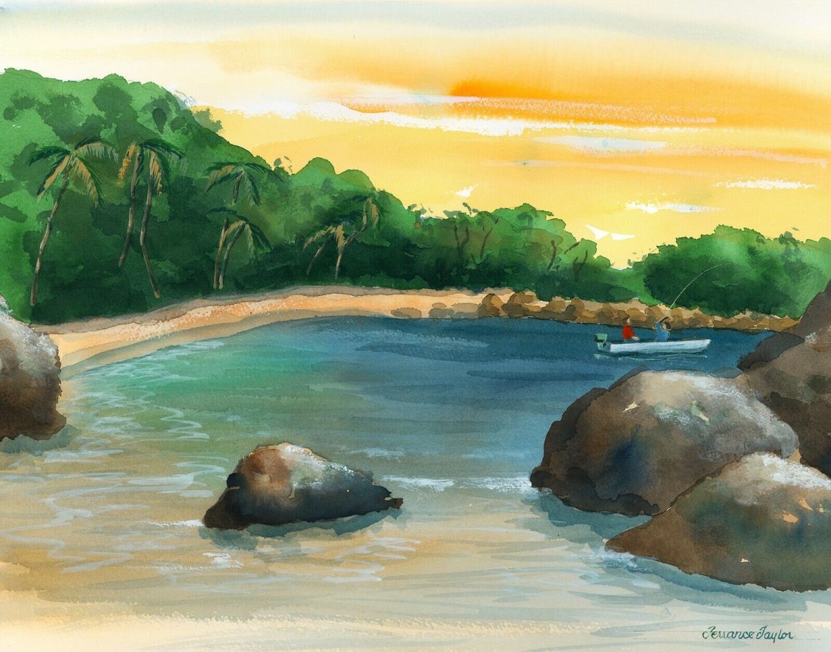 Beach Scene with Fishermen in Background watercolor print